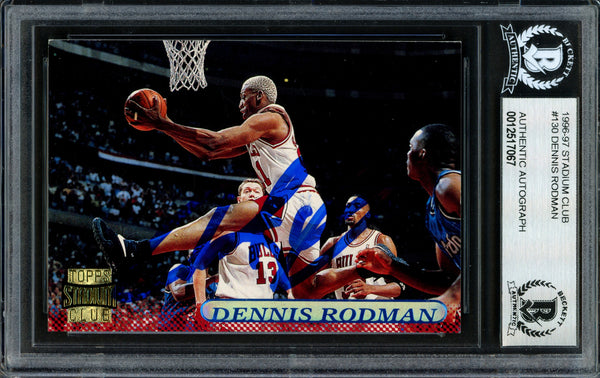 Dennis Rodman Autographed 1996-97 Stadium Club Card #130 Chicago Bulls Signed In Blue Beckett BAS #12517067