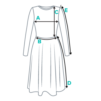 Long sleeve midi dress diagram showing points of measurement.
