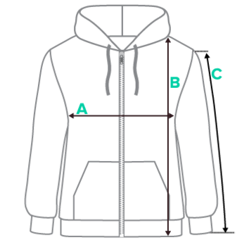 Hoodie diagram showing measuring points on chest, length, and arms.