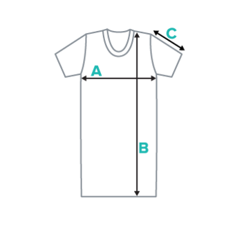 T-shirt dress diagram showing measuring points on chest, length, and arms.