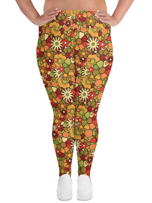 Groovy Flowers Yoga Leggings Women, 70s Retro Floral High Waisted Pant