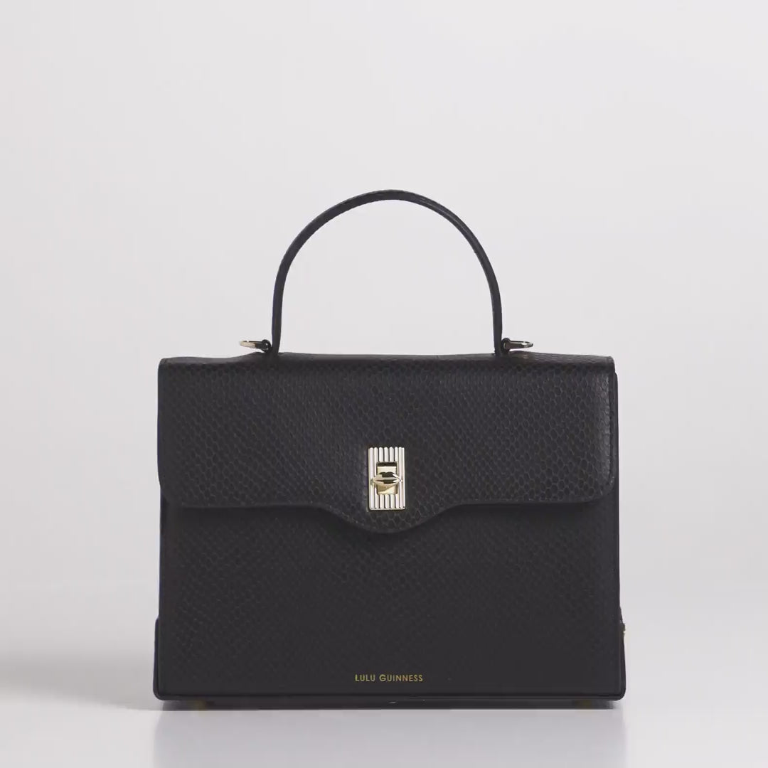 Black Snake Embossed Leather Large Lip Turnlock Queenie Handbag | Bags ...