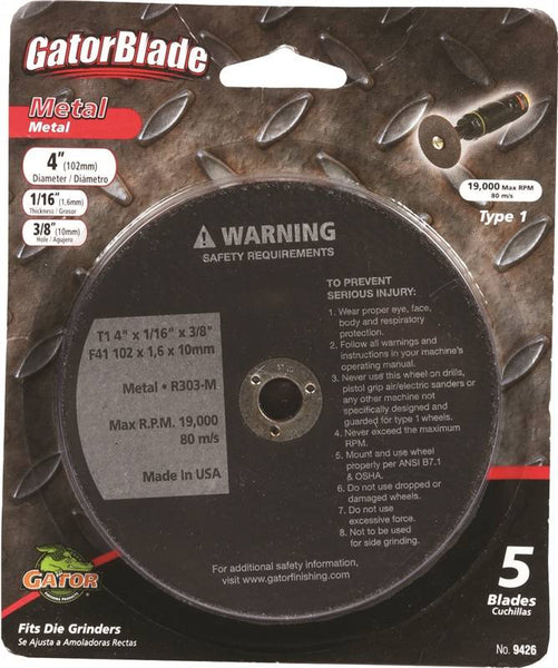 GatorBlade 9426 Cut-Off Wheel, 4 in Dia, 1-16 in Thick, 3-8 in Arbor, Aluminum Oxide Abrasive