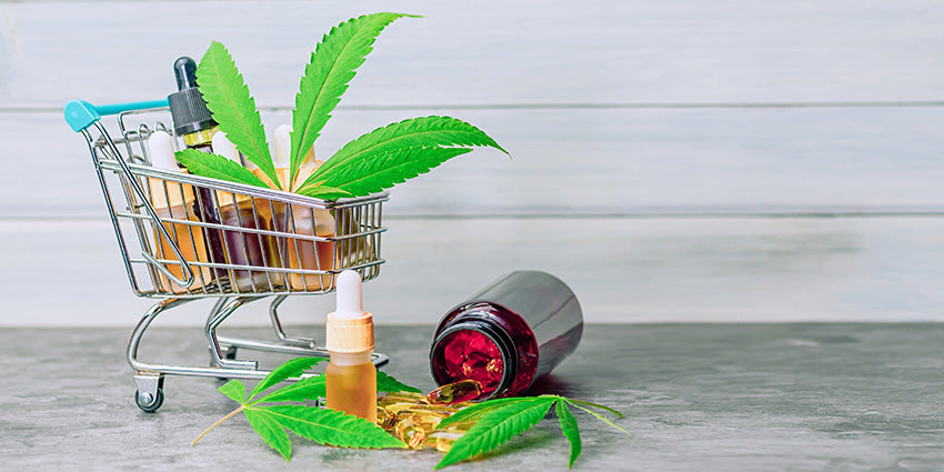 Shopping cart concept to buy CBD and CBDV gummies online from Oscity Labs.