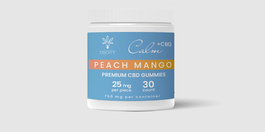 CBD+CBG Calm Gummies Peach Mango flavour CBD edibles for stress relief.