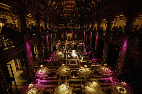 A bird's-eye view of the reception banquet hall