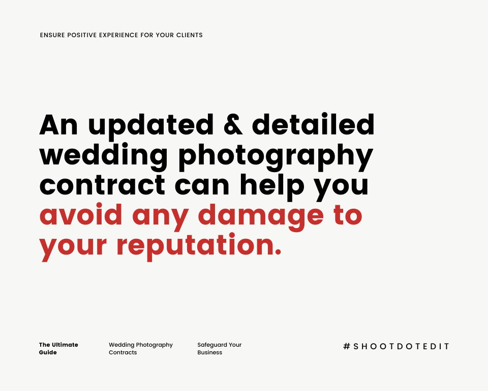 Infographic stating an updated and detailed wedding photography contract can help you avoid any damage to your reputation