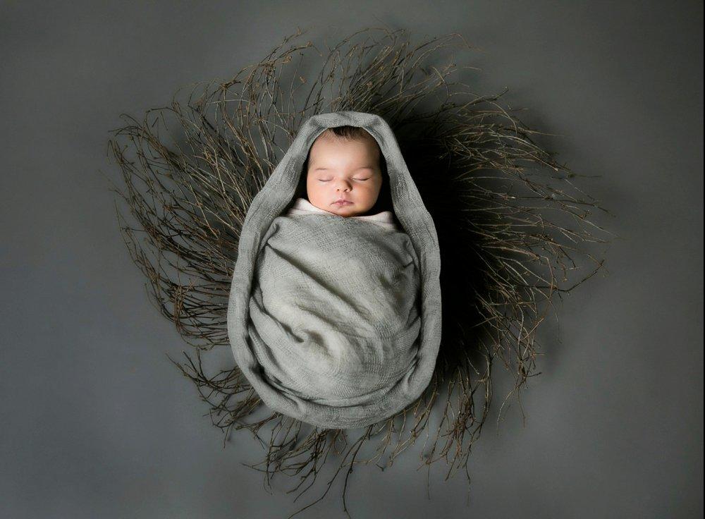 Image of a sleeping baby wrapped with a grey blanket - Featuring Katie Van Buren rebranding shift from weddings to portraits