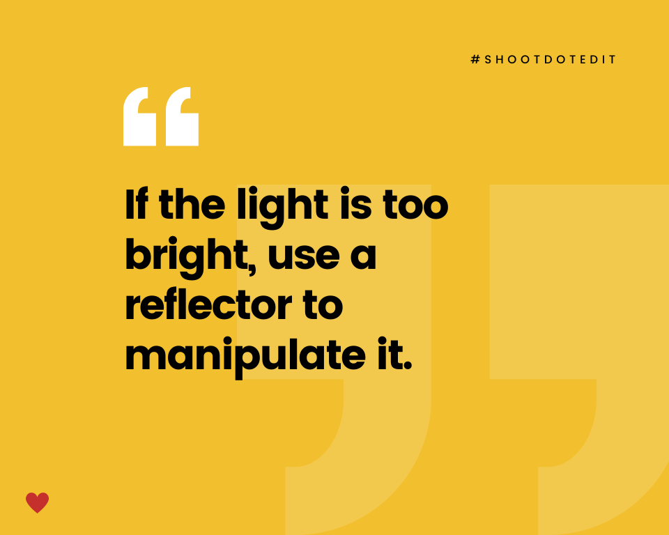 Infographic stating if the light is too bright, use a reflector to manipulate it