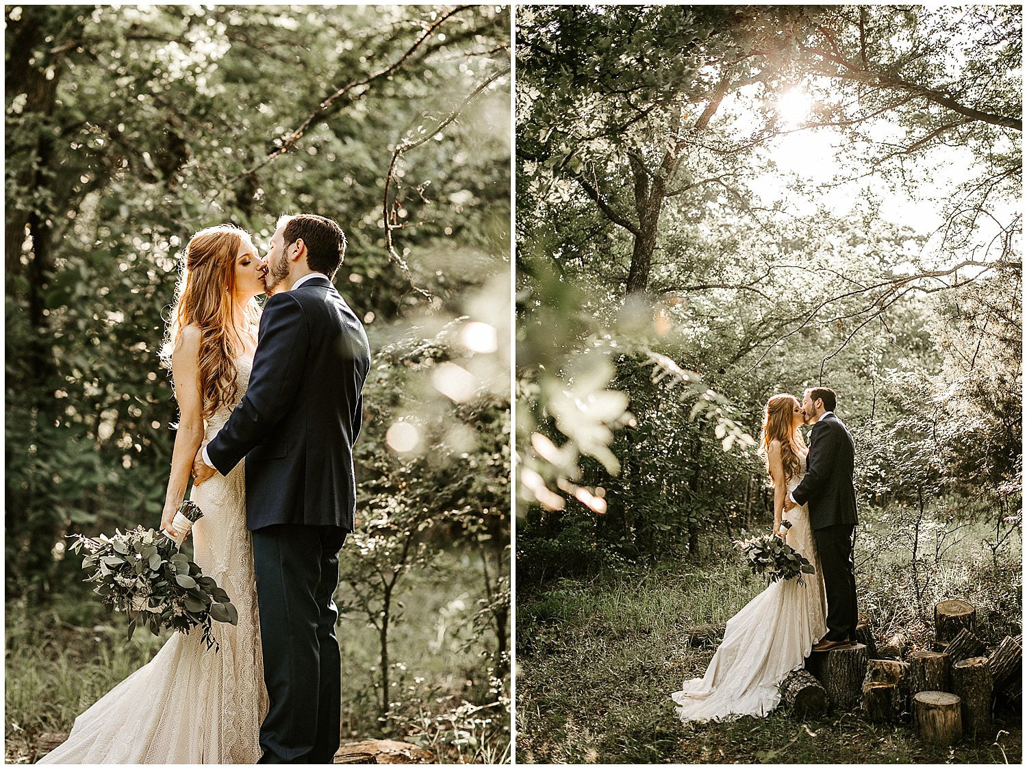 A collage of two wedding portraits of a bride and groom in the wilderness