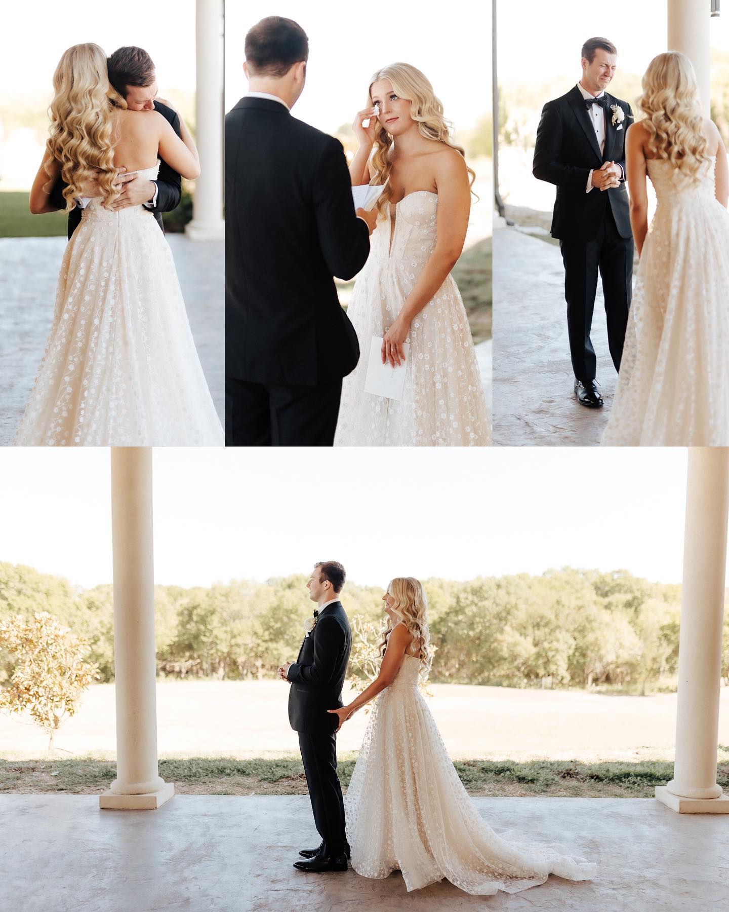 a collage of some first look images of a wedding couple