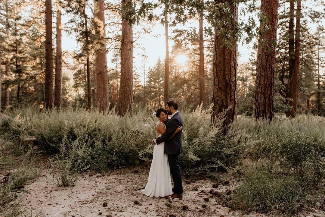 Bride and groom posing in a forest area