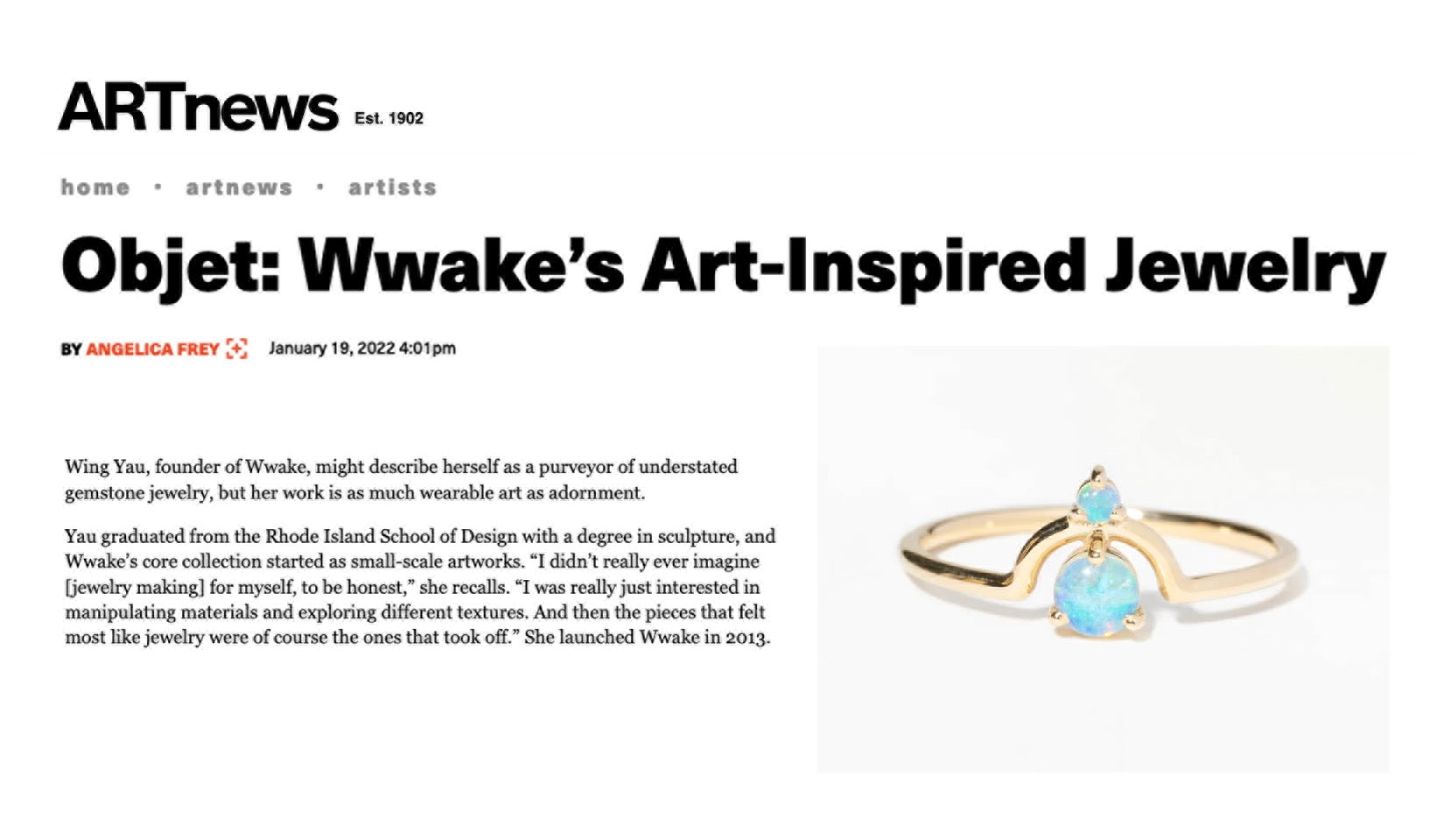 ARTnews | Objet: Wwake’s Art-Inspired Jewelry | Angelica Frey
