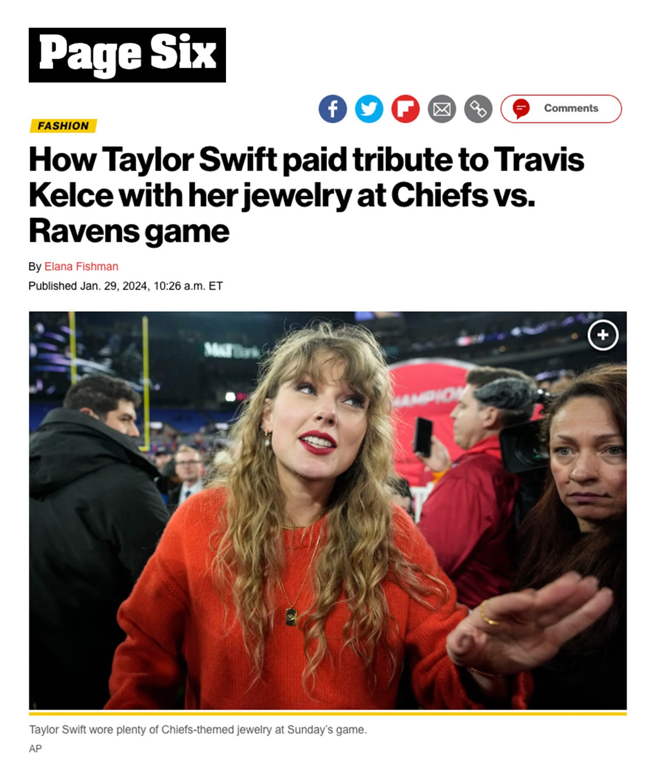 Page Six | How Taylor Swift paid tribute to Travis Kelce with her jewelry at Chiefs vs. Ravens game | Elana Fishman