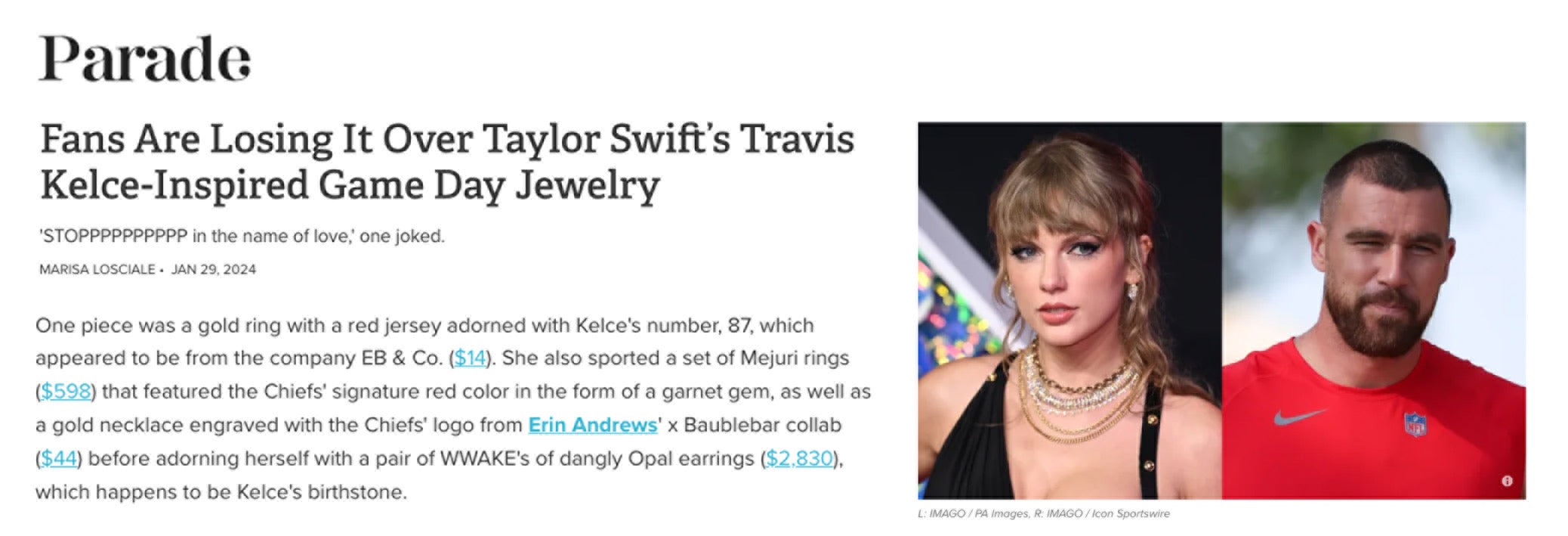 Parade | Fans Are Losing It Over Taylor Swift’s Travis Kelce-Inspired Game Day Jewelry | Marisa Losciale