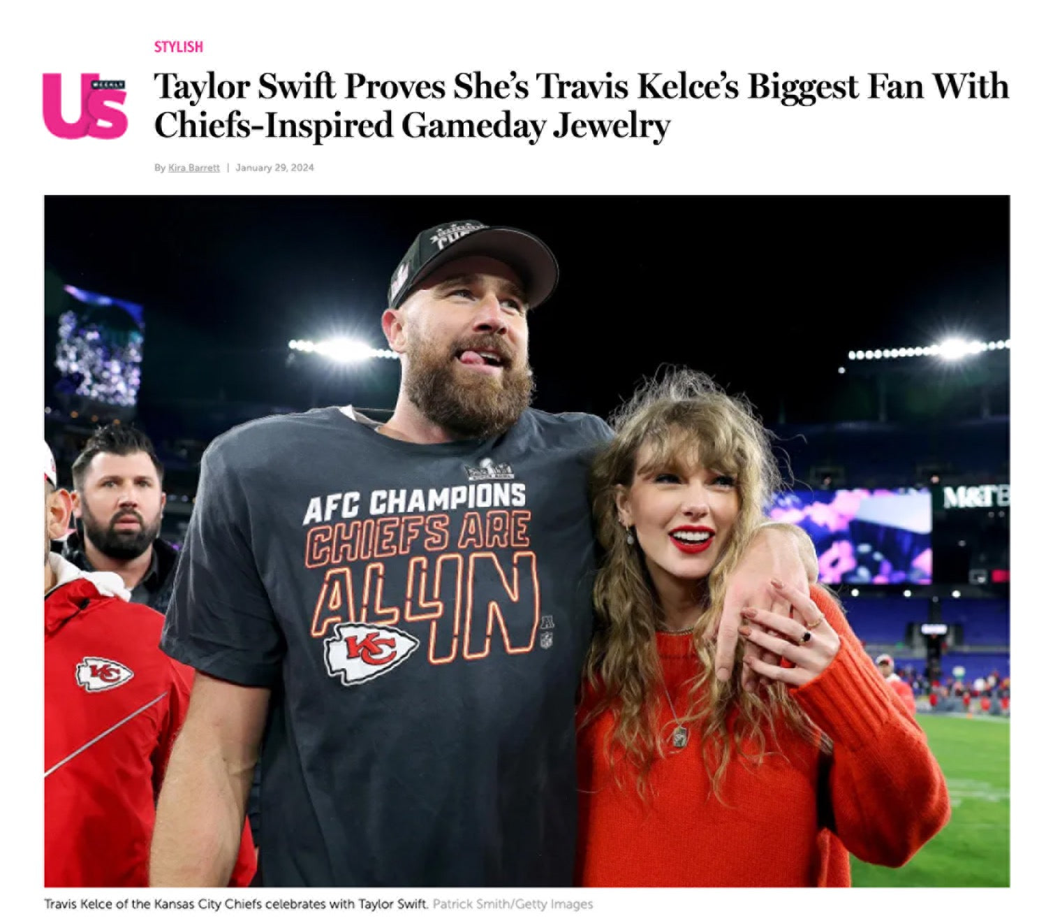 US Weekly | Taylor Swift Proves She’s Travis Kelce’s Biggest Fan With Chiefs-Inspired Gameday Jewelry | Kira Barrett