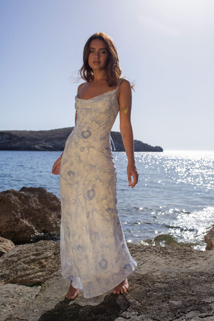 Santorini Dress | Cowl Neck White Maxi Dress | SheOdessa