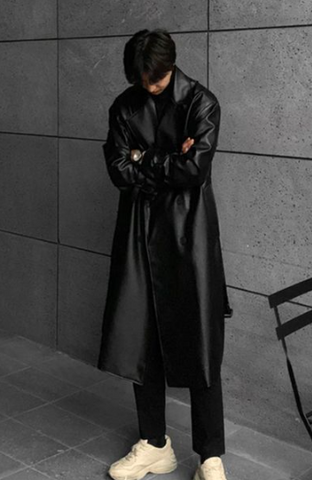 Double-Breasted Long Leather Coat