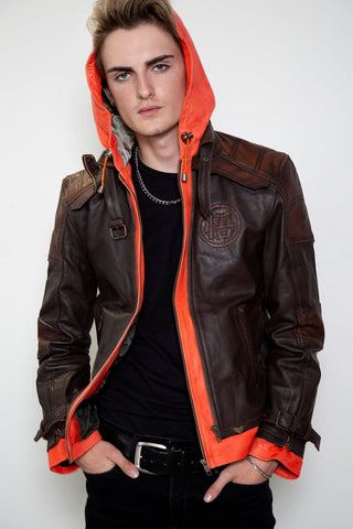 leather jacket with hood