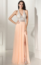 Load image into Gallery viewer, Gorgeous A-line Champagne Evening Dress V Neck Chiffon Long Formal Dress LFNL0553
