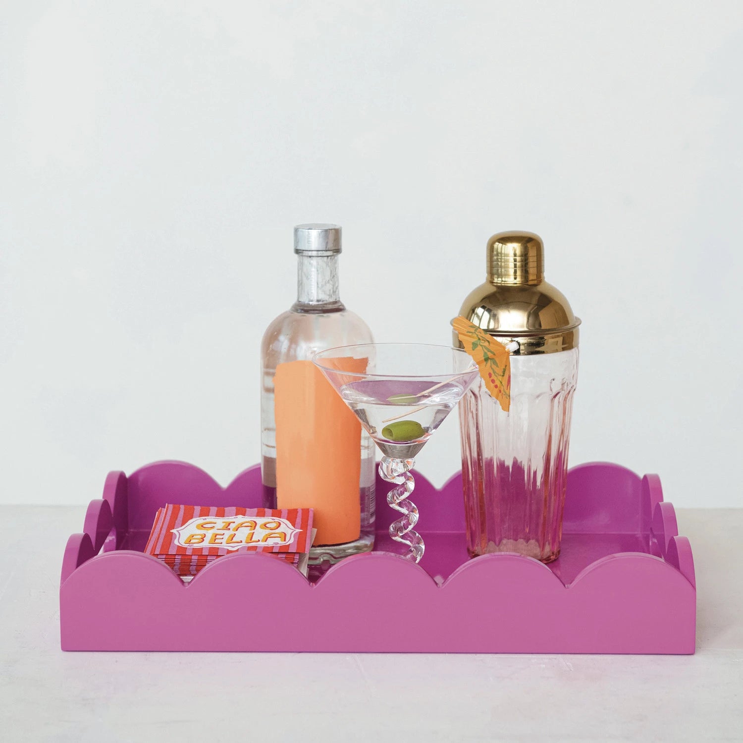 Lacquered Scalloped Tray w/ Handles - Fuchsia