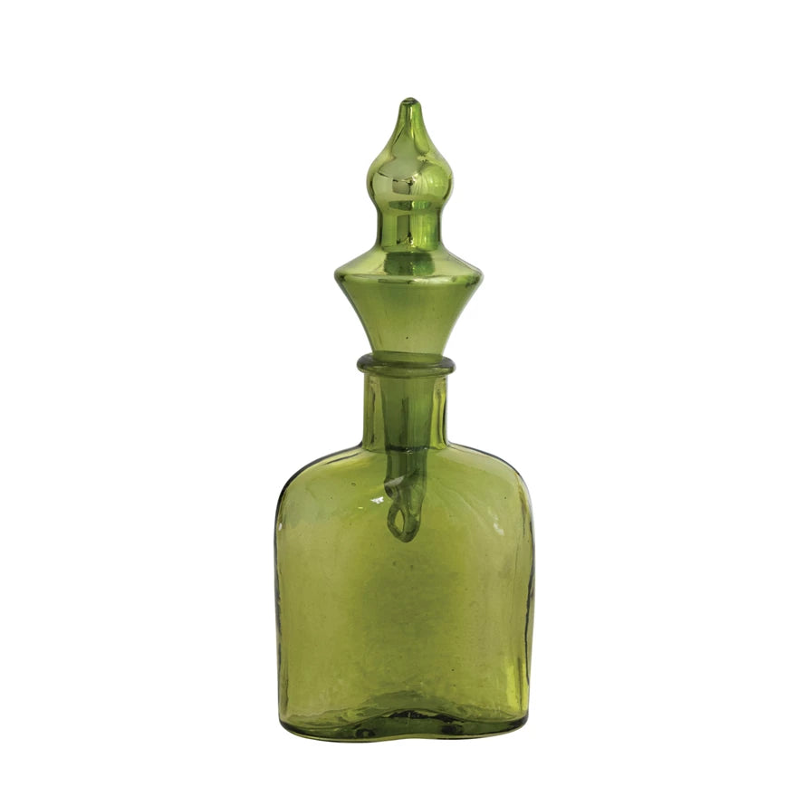 Decorative Glass Bottle w/ Mercury Finial Stopper, Green