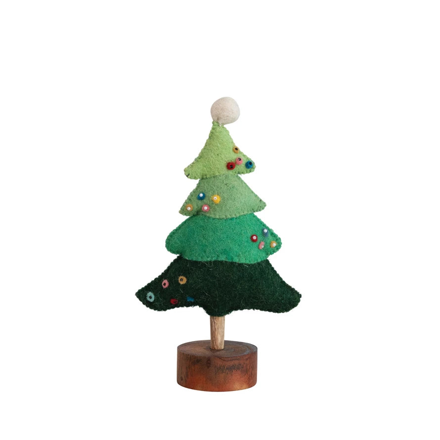 10"H Handmade Wool Felt Tree w/ Beads, Pom Pom & Wood Base