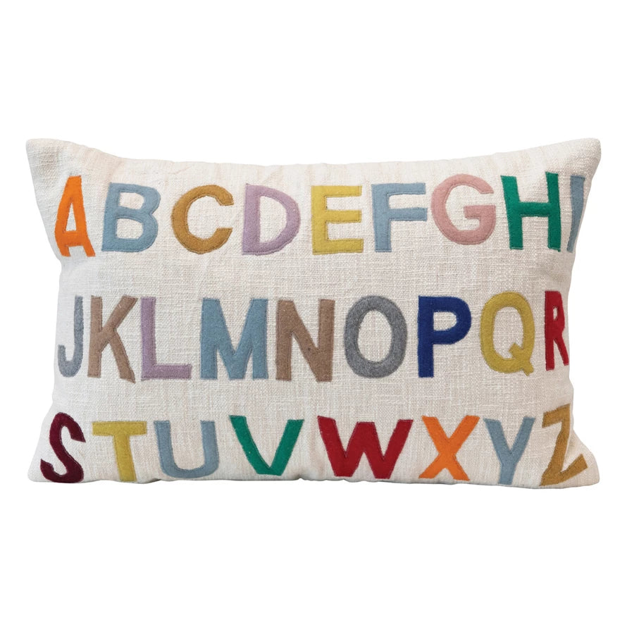 Cotton Lumbar Pillow w/ Embroidered Alphabet