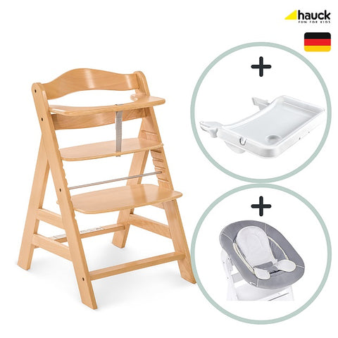 hauck AlphaPlus Grow Along Wooden High Chair Seat with Grey Removable Tray  Table for Babies 6 Months and Up, Walnut Chair Grey Tray