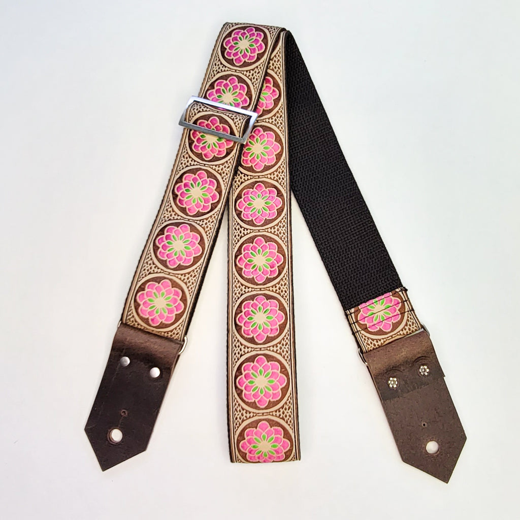Tooled Hibiscus Flower Leather Guitar Strap