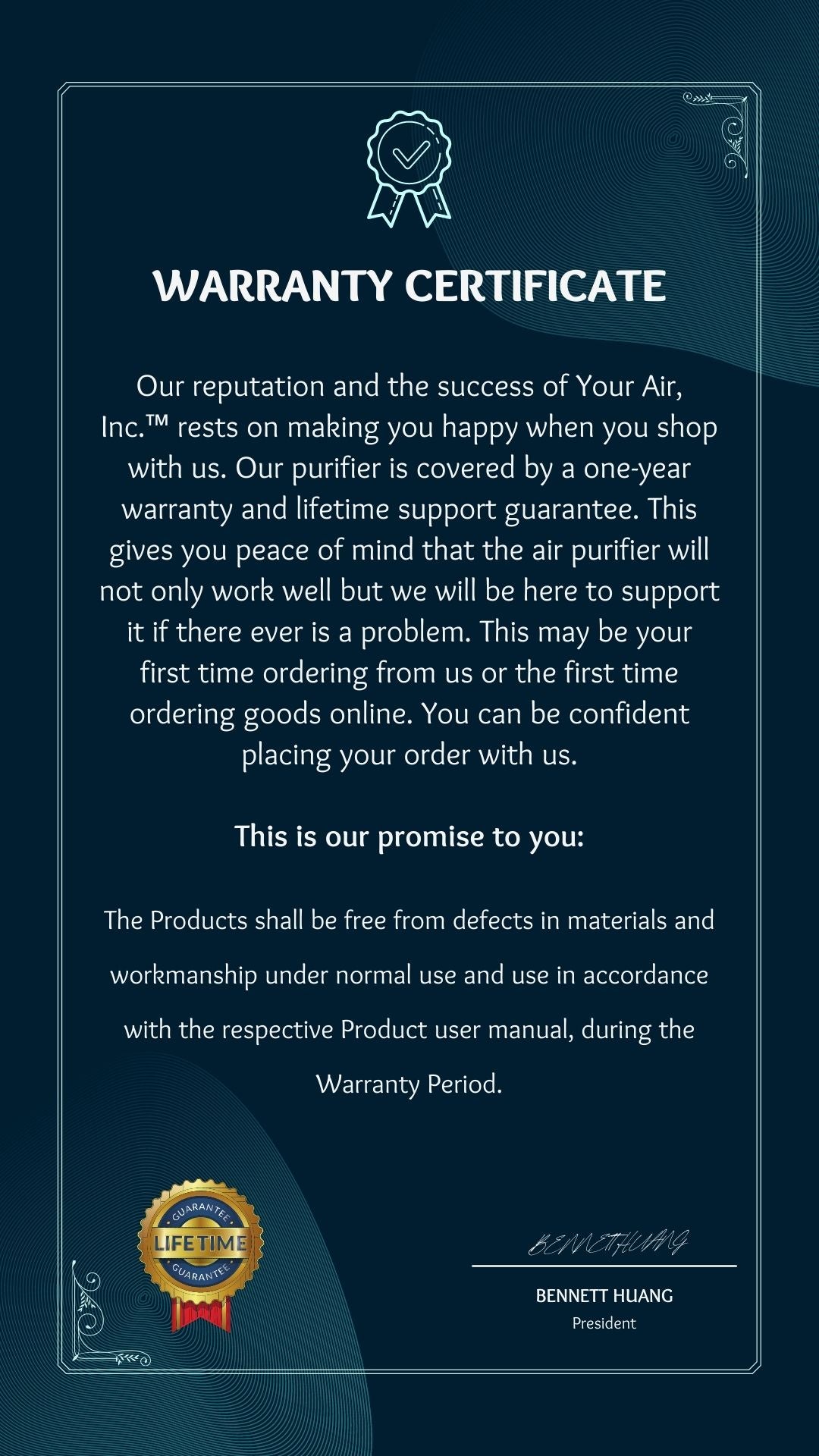 Your Air, Inc.™ One-Year Limited Warranty Certificate for Air Purifier