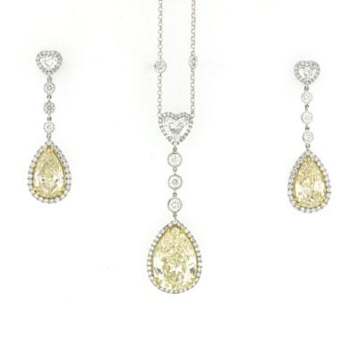 23.49ct Fancy Yellow Pear Shaped Diamond Earrings & Pendant Set | Mark Broumand