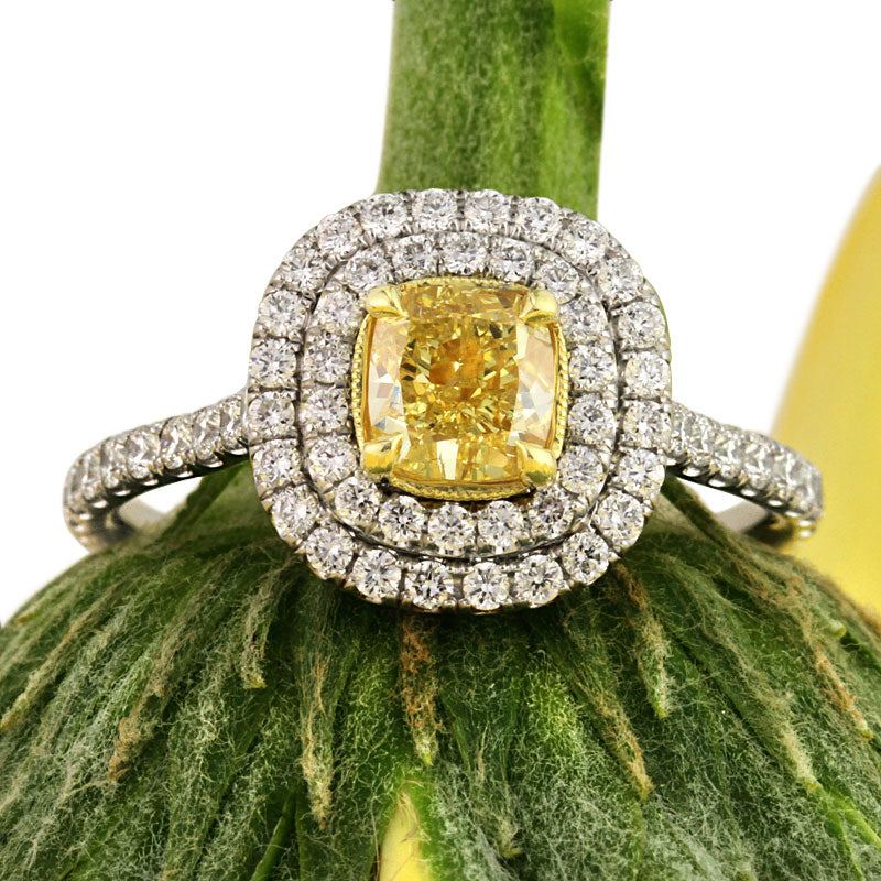 1.54ct Fancy Intense Yellow Cushion Cut Diamond Engagement Ring | Mark Broumand