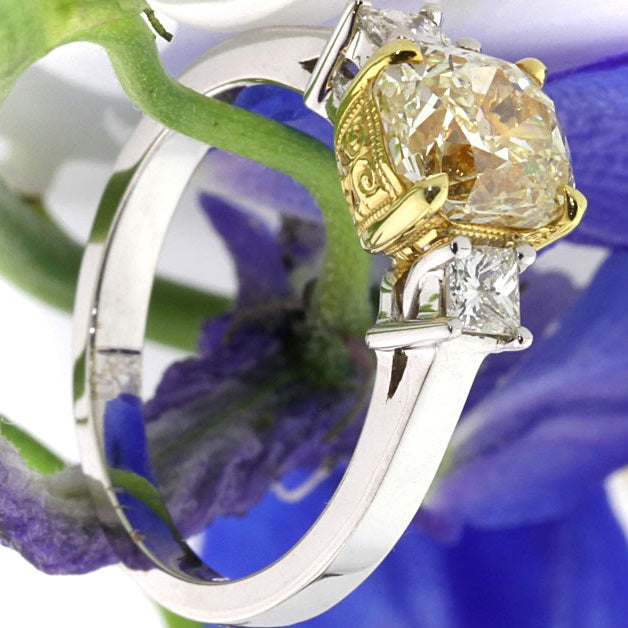 1.93ct Fancy Yellow Three Stone Cushion Cut Diamond Engagement Ring | Mark Broumand