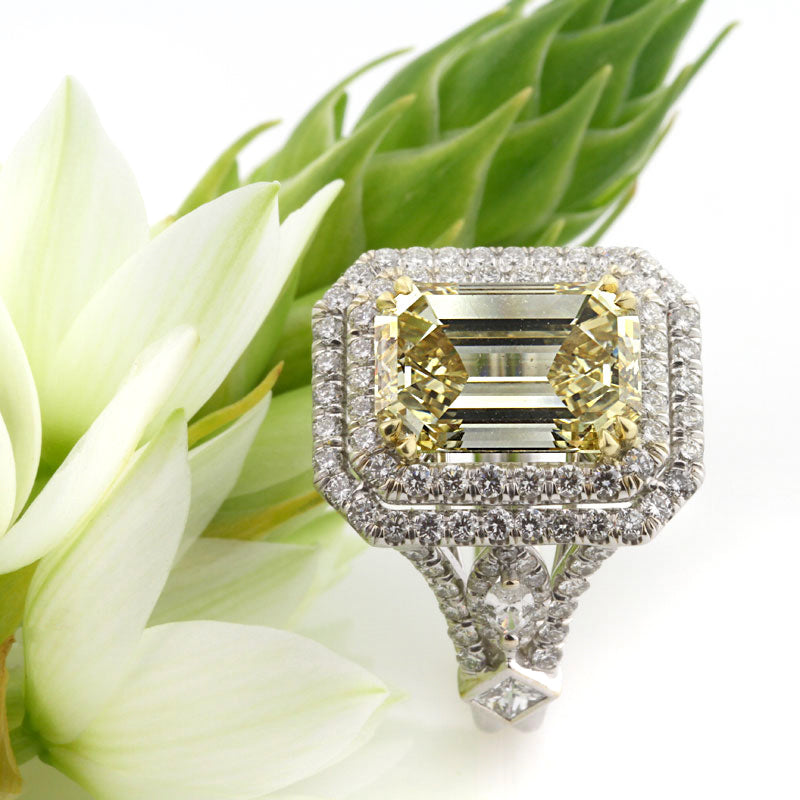 7.37ct Fancy Brownish Yellow Emerald Cut Diamond Engagement Ring | Mark Broumand