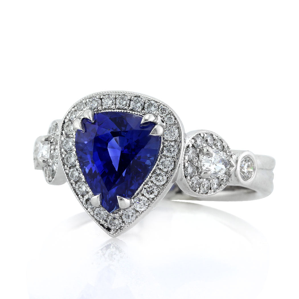3.93ct Pear Shaped Sapphire and Diamond Engagement Ring Short Side | Mark Broumand