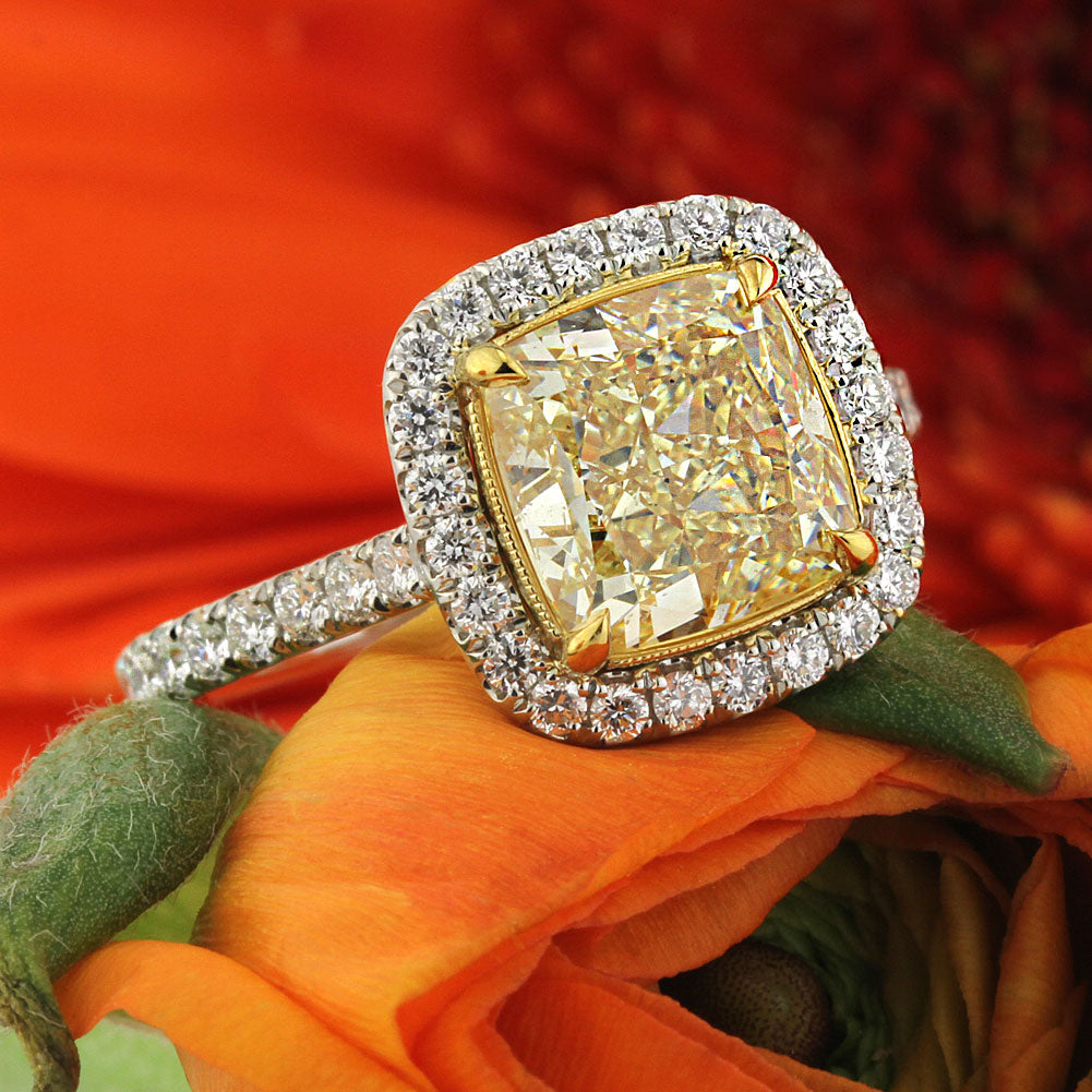 4.20ct Fancy Yellow Cushion Cut Diamond Engagement Ring | Mark Broumand