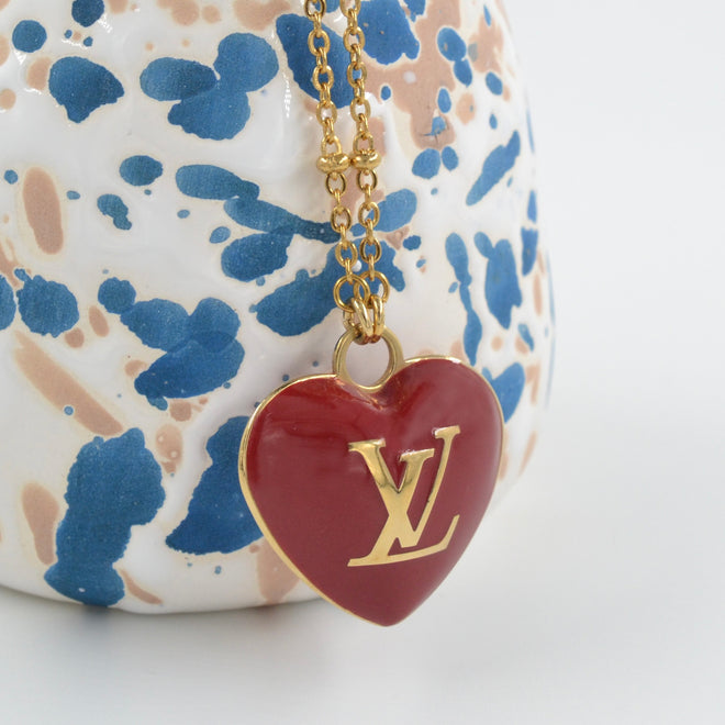 Small Vintage Gold Repurposed Louis Vuitton Heart Charm Necklace