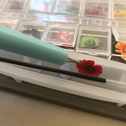 placing flowers by setting them in the mold under the ink cartridge