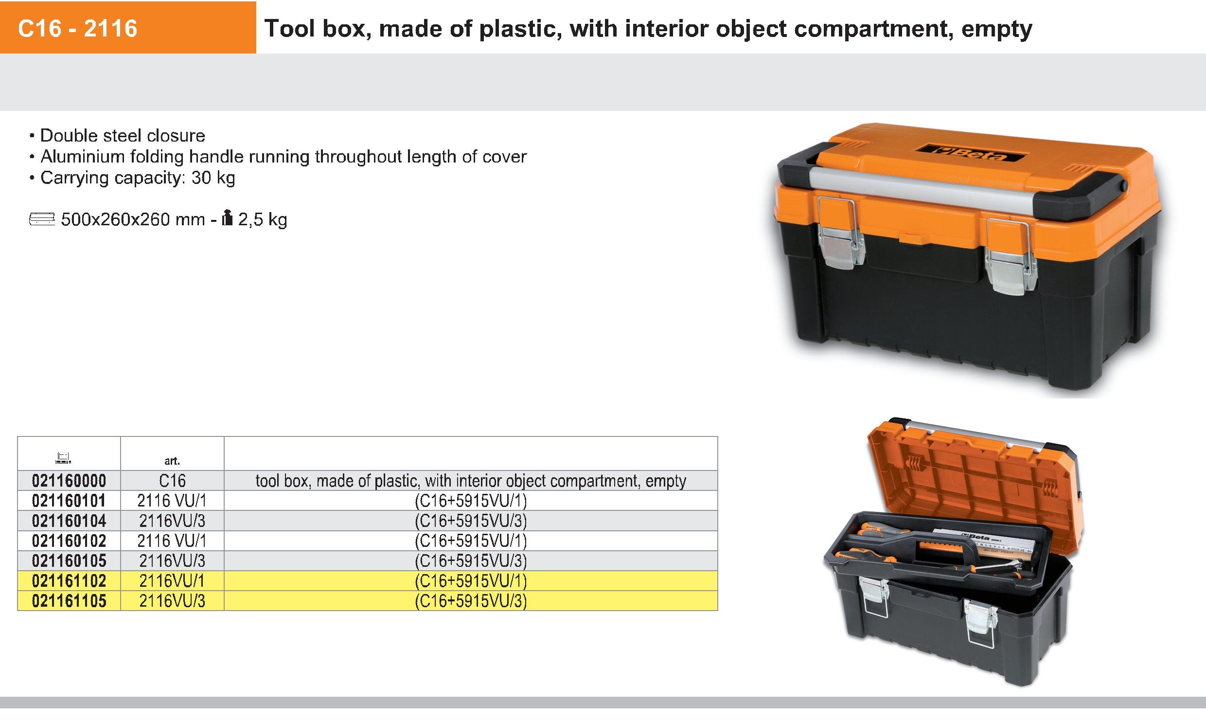 Beta Tools 021160000 C16 Plastic Tool Box with Object Compartment