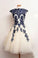 Vintage Scalloped-Edge Knee-Length White Homecoming Dress with Navy Blue Appliques SSM487
