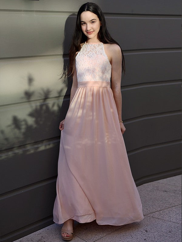 A-Line/Princess Chiffon Lace Halter Sleeveless Floor-Length Junior/Girls Bridesmaid Dresses TPP0005832