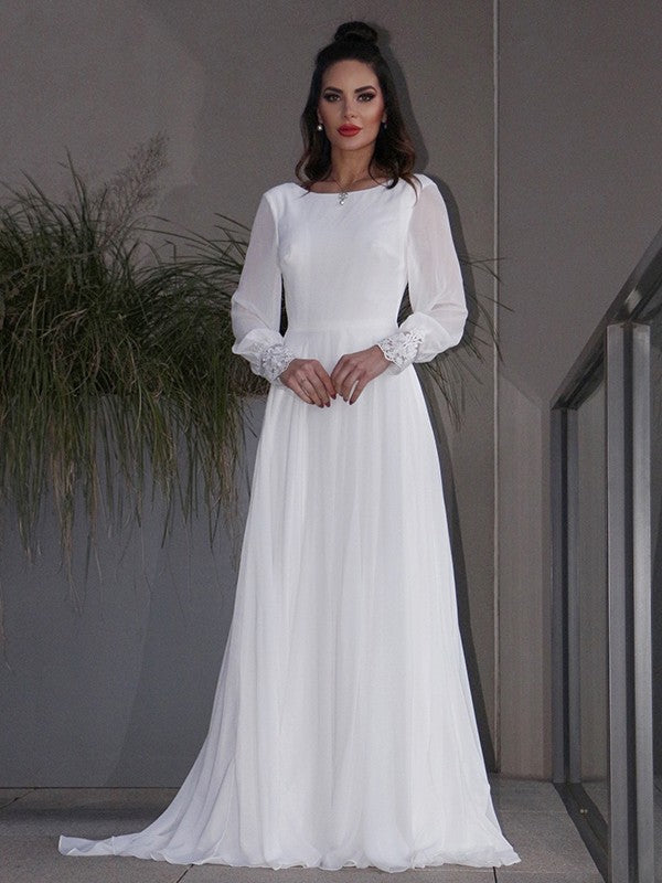 A-Line/Princess Chiffon Ruffles Long Sleeves Scoop Sweep/Brush Train Wedding Dresses TPP0006511
