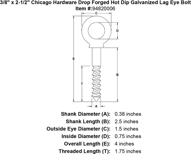 3 8 × 2 1 2芝加哥五金降锻热浸镀锌滞后螺栓规格图