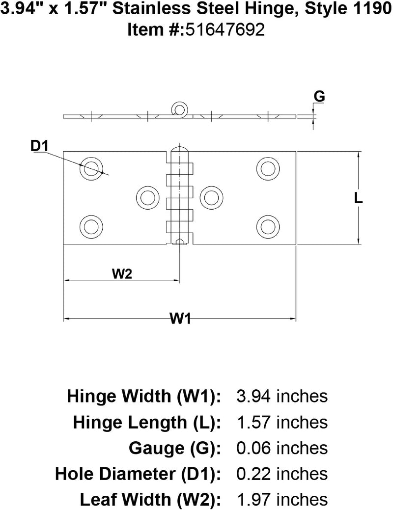 Stainless Steel Hinge Style 1190 specification diagram
