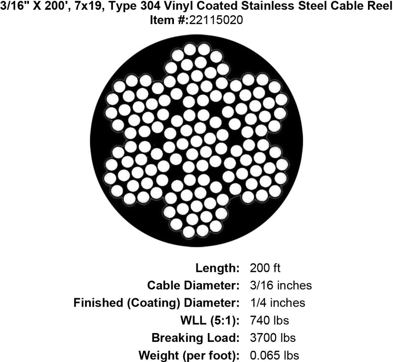 3 × 16 × 200英尺涂层不锈钢电缆规格图