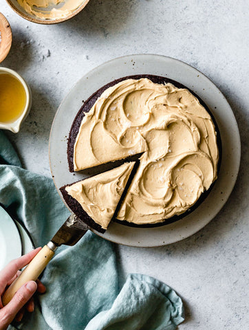 one bowl chocolate cake with peanut butter frosting