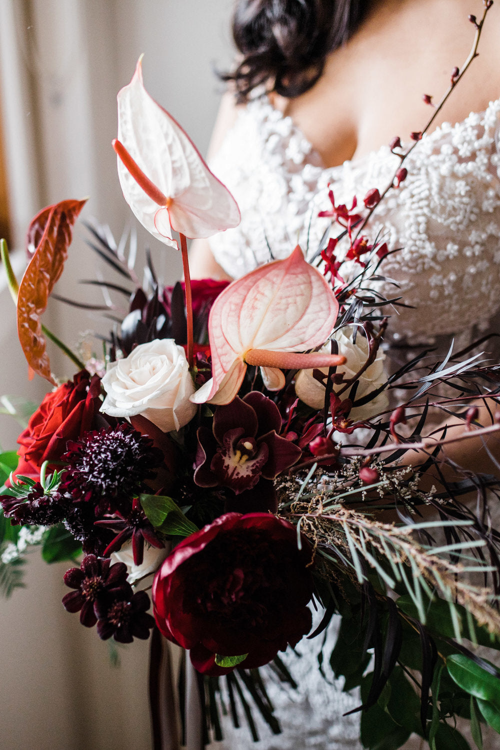 lush burgundy anthurium wedding bridal bouquet