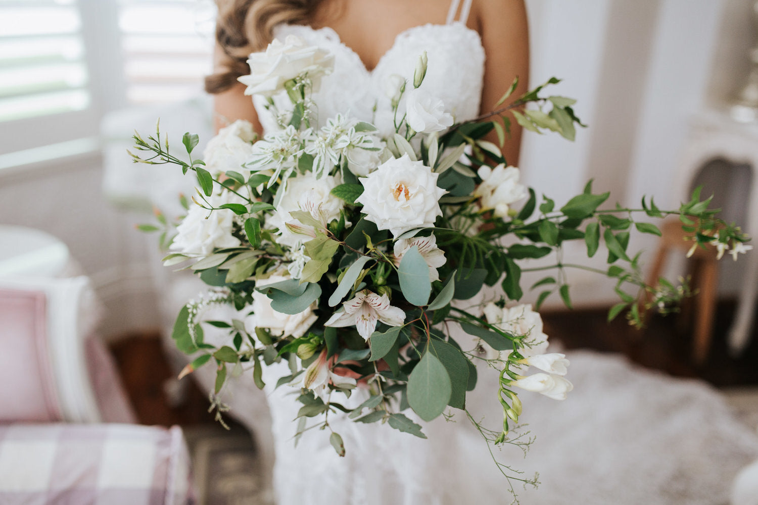 bridal bouquet white gum leaves roses dahlia