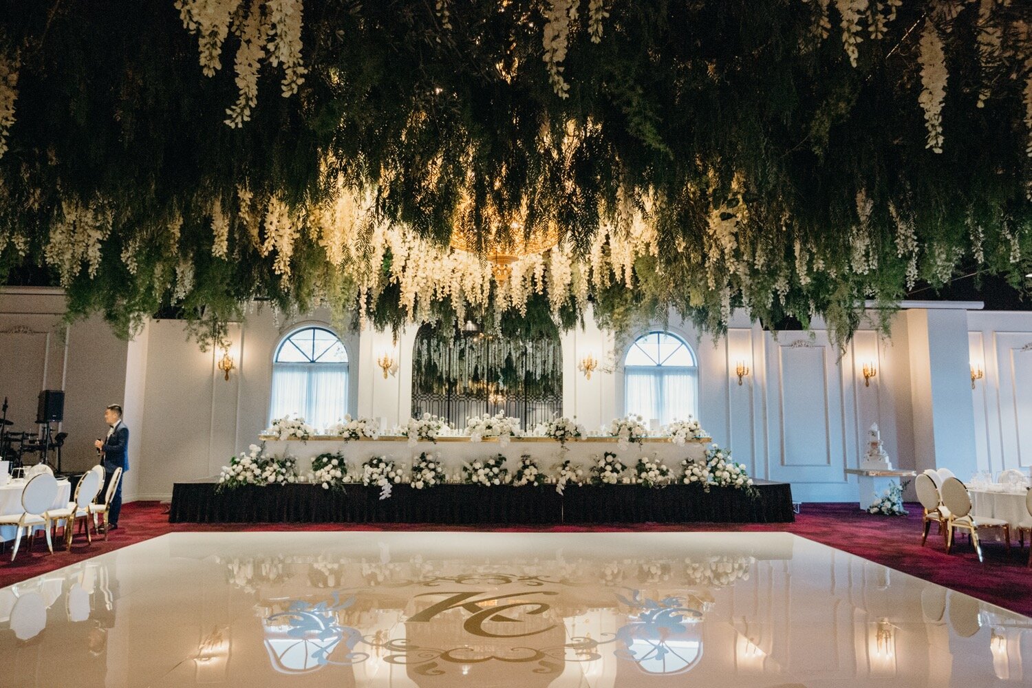 highline venue wedding reception floral installation ceiling custom dance floor